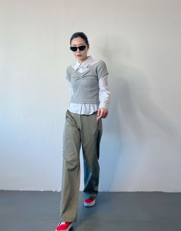 Grey Off Shoulder Ribbed Top #250229